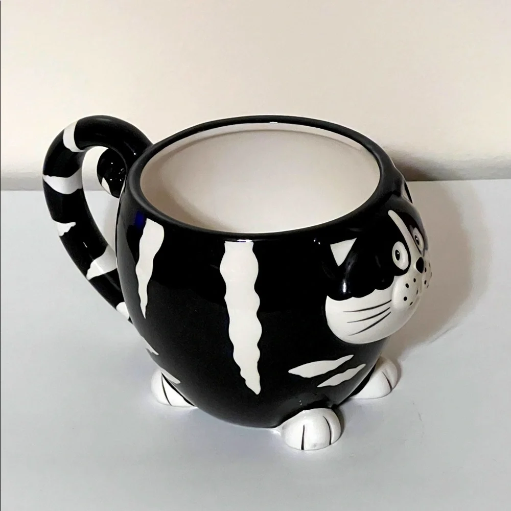 Pier1. Black and White Chubby Cat Mug. Hand Painted. NWOT